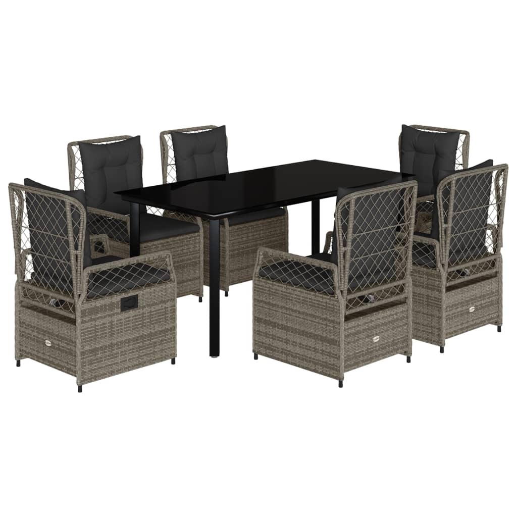 7 Piece Garden Dining Set with Cushions Grey Poly Rattan
