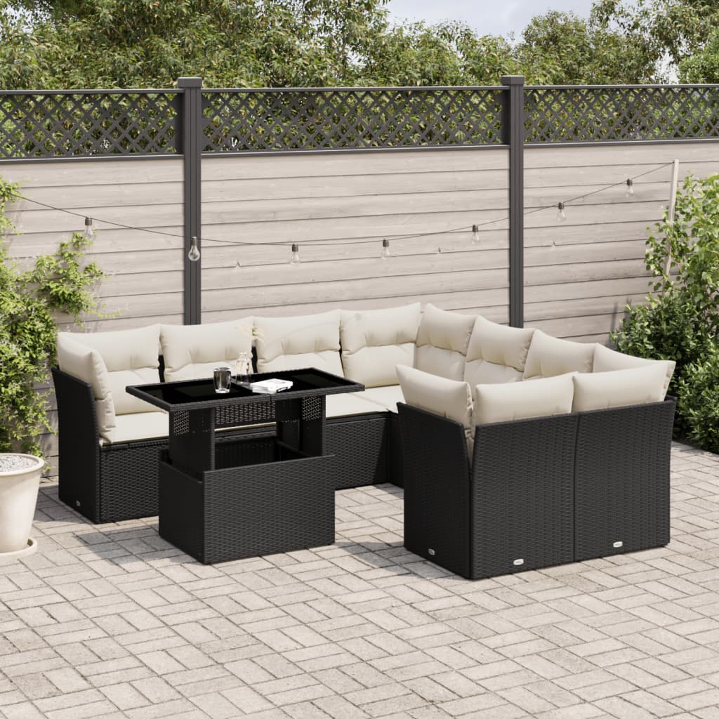 9 Piece Garden Sofa Set with Cushions Black Poly Rattan