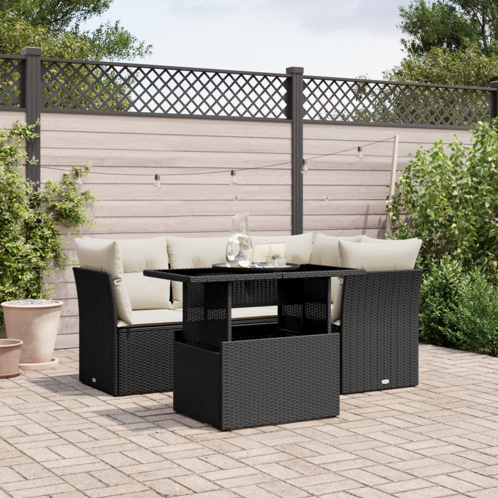 5 Piece Garden Sofa Set with Cushions Black Poly Rattan