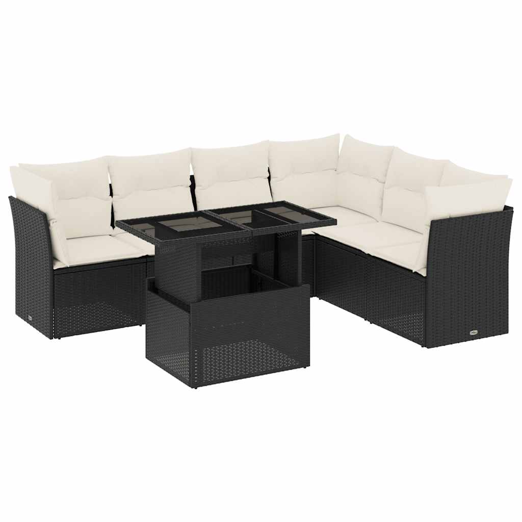 7 Piece Garden Sofa Set with Cushions Black Poly Rattan