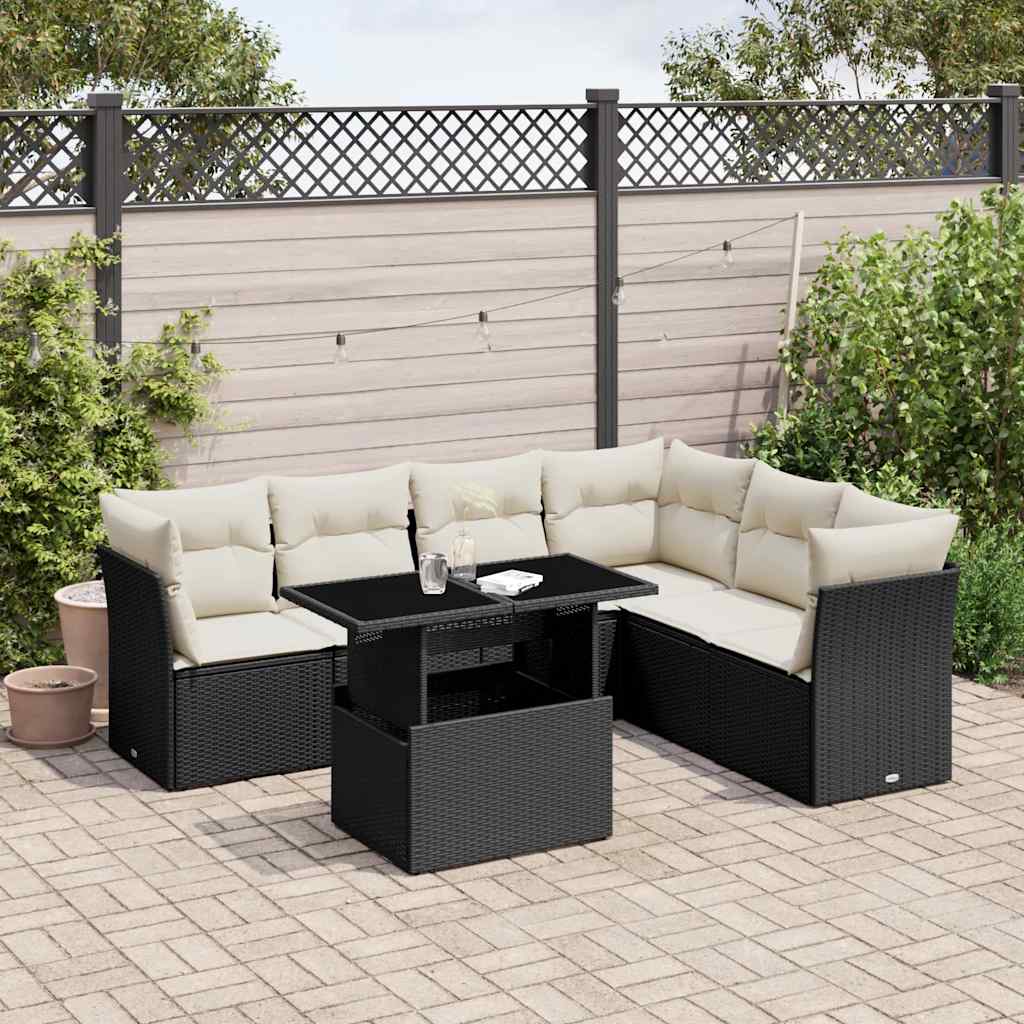 7 Piece Garden Sofa Set with Cushions Black Poly Rattan