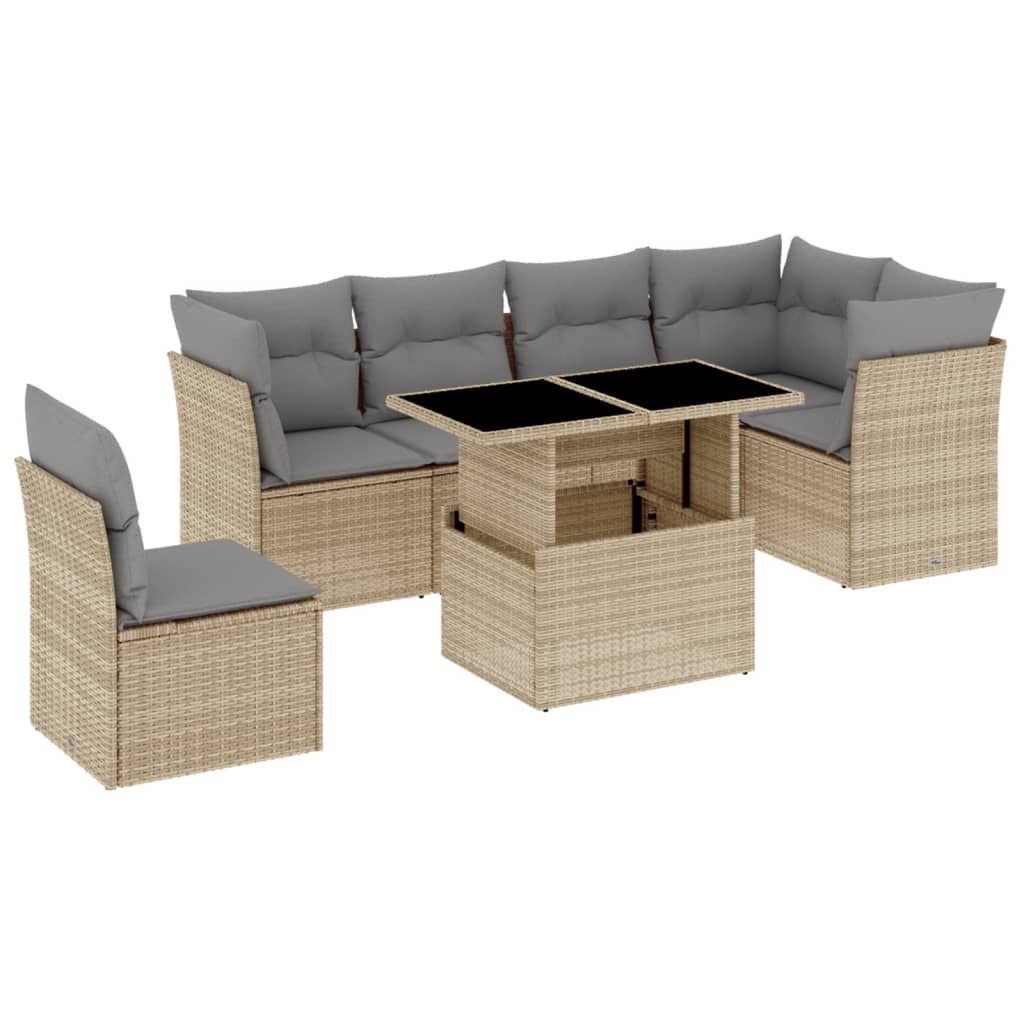 7 Piece Garden Sofa Set with Cushions Beige Poly Rattan