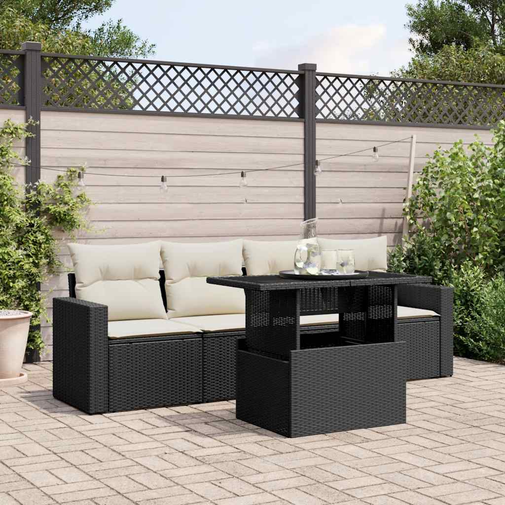 5 Piece Garden Sofa Set with Cushions Black Poly Rattan