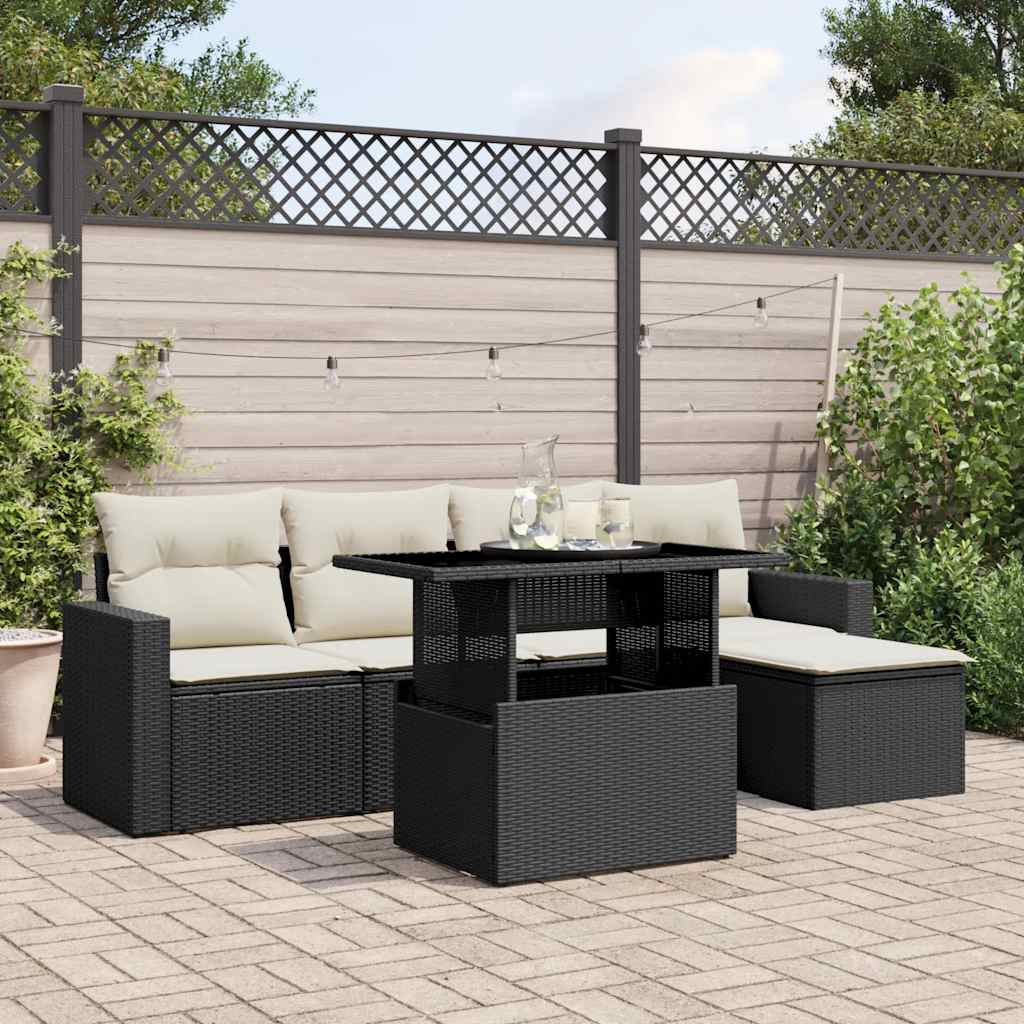 6 Piece Garden Sofa Set with Cushions Black Poly Rattan