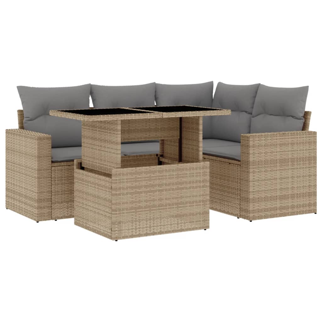5 Piece Garden Sofa Set with Cushions Beige Poly Rattan
