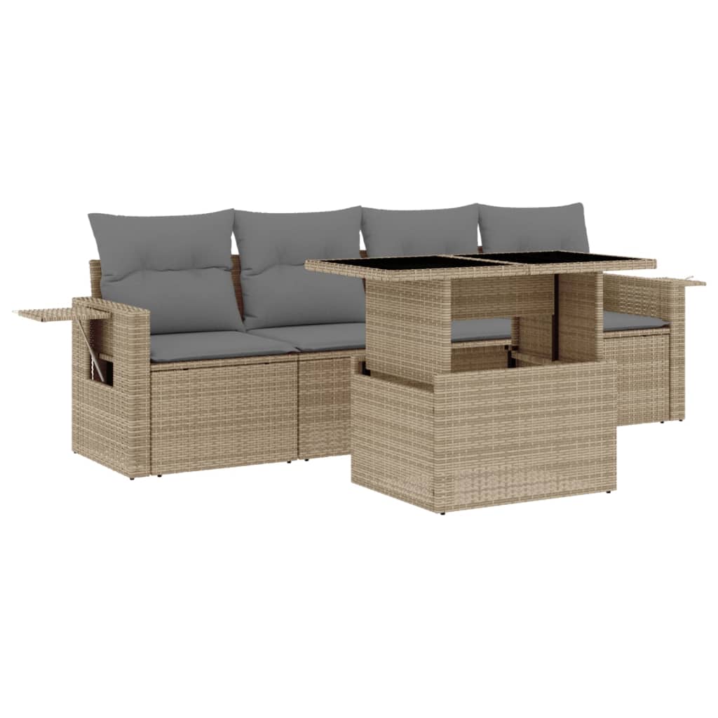 5 Piece Garden Sofa Set with Cushions Beige Poly Rattan