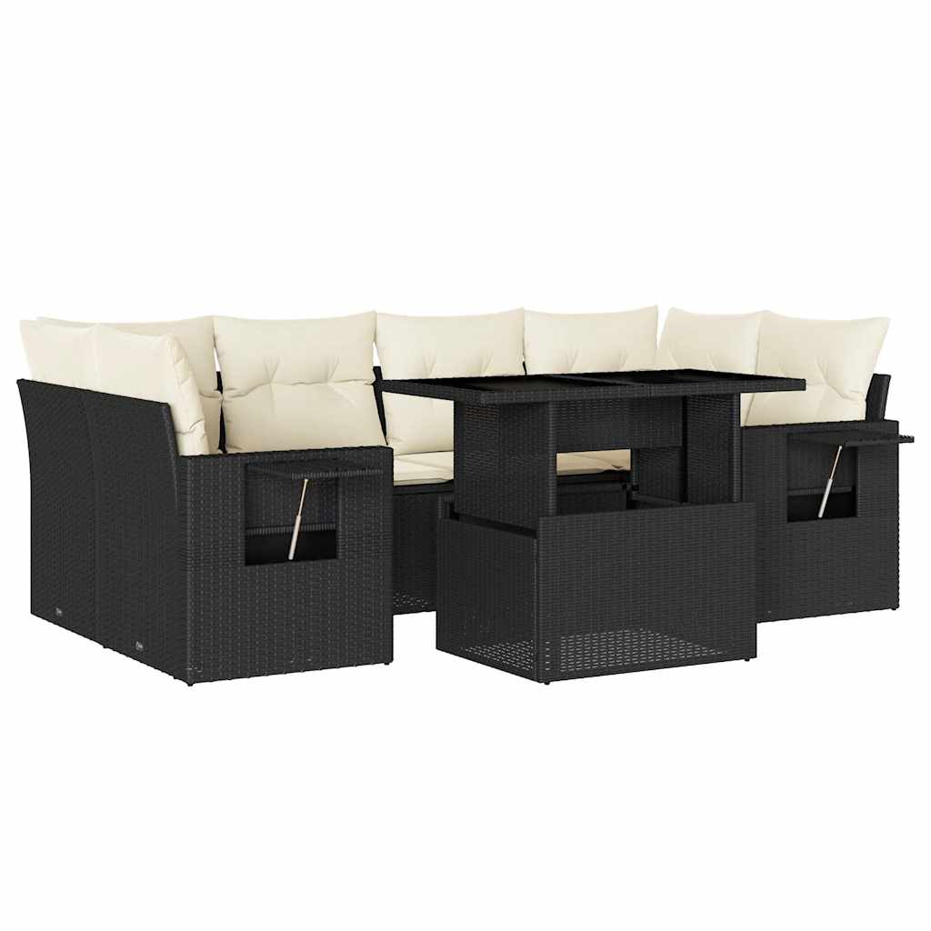 7 Piece Garden Sofa Set with Cushions Black Poly Rattan