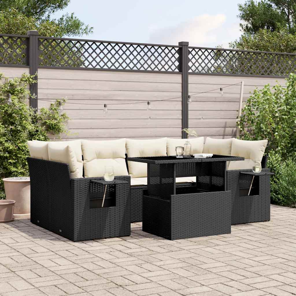 7 Piece Garden Sofa Set with Cushions Black Poly Rattan