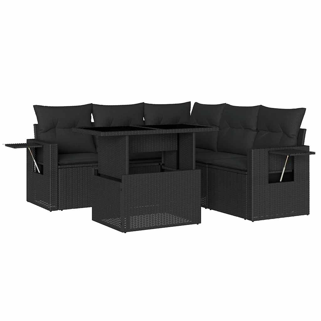6 Piece Garden Sofa Set with Cushions Black Poly Rattan
