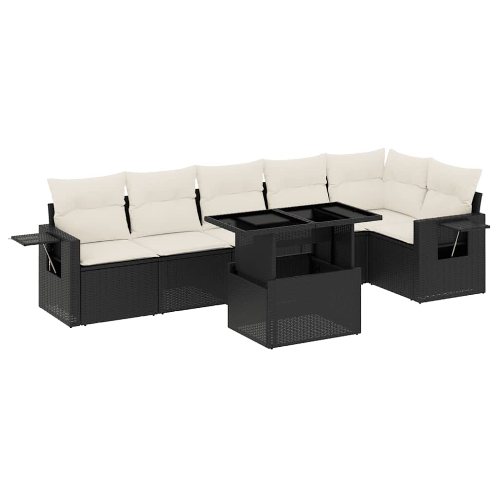 7 Piece Garden Sofa Set with Cushions Black Poly Rattan