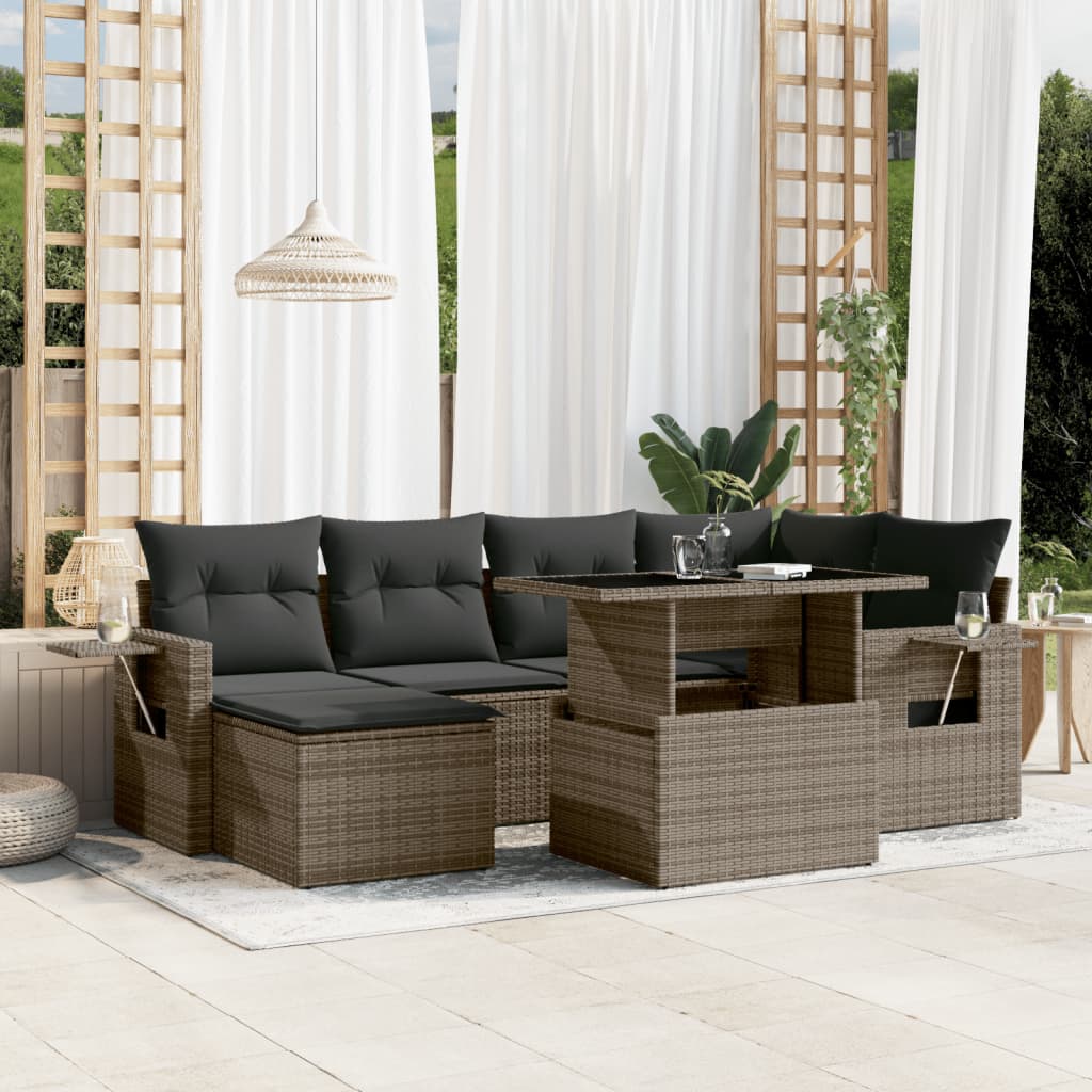 7 Piece Garden Sofa Set with Cushions Grey Poly Rattan
