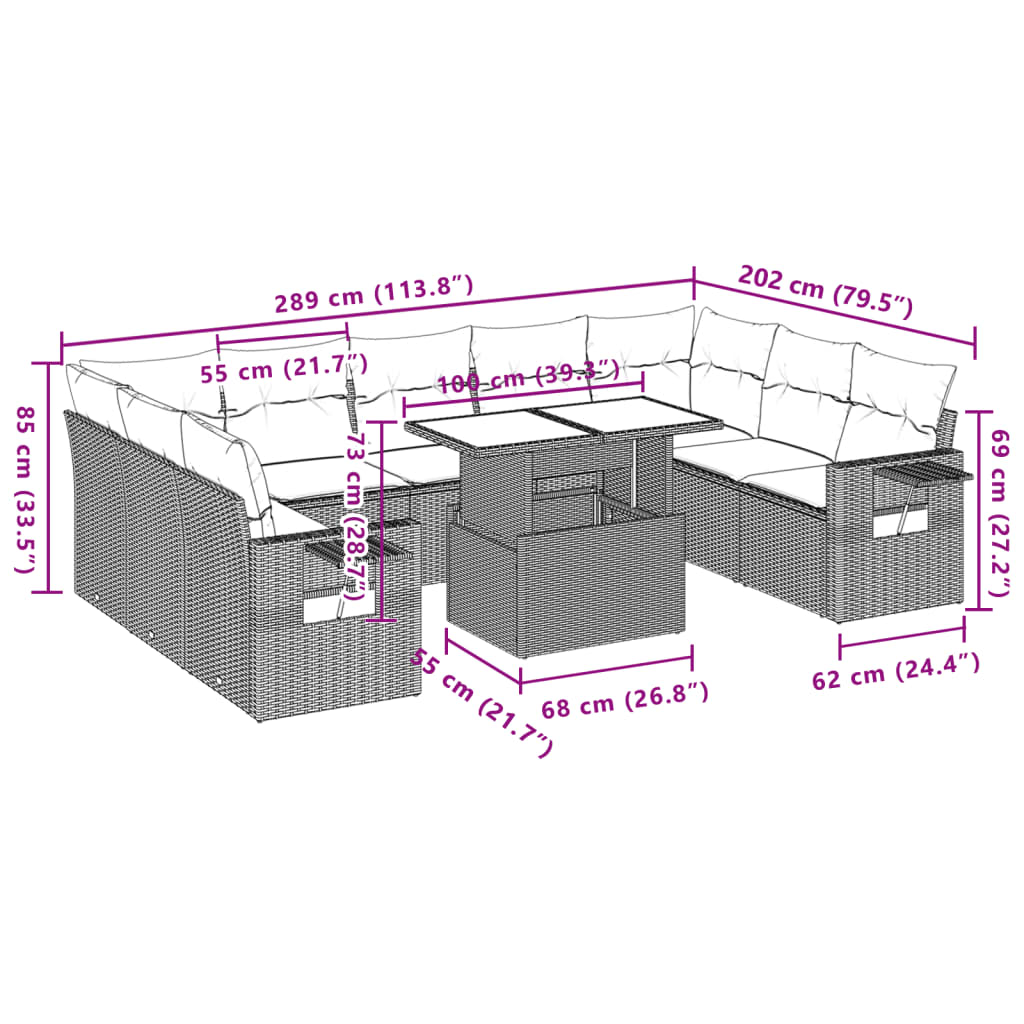 10 Piece Garden Sofa Set with Cushions Beige Poly Rattan