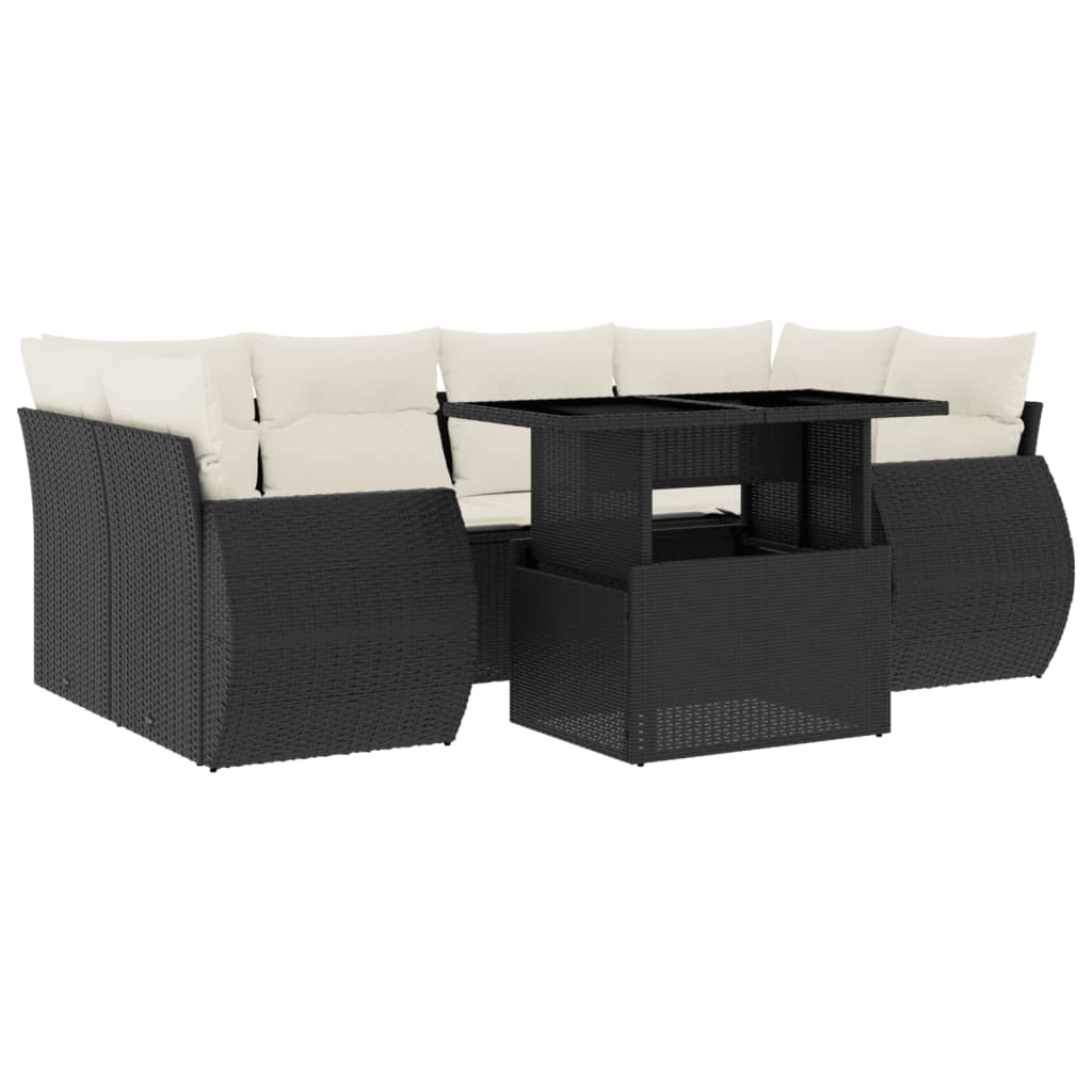 7 Piece Garden Sofa Set with Cushions Black Poly Rattan