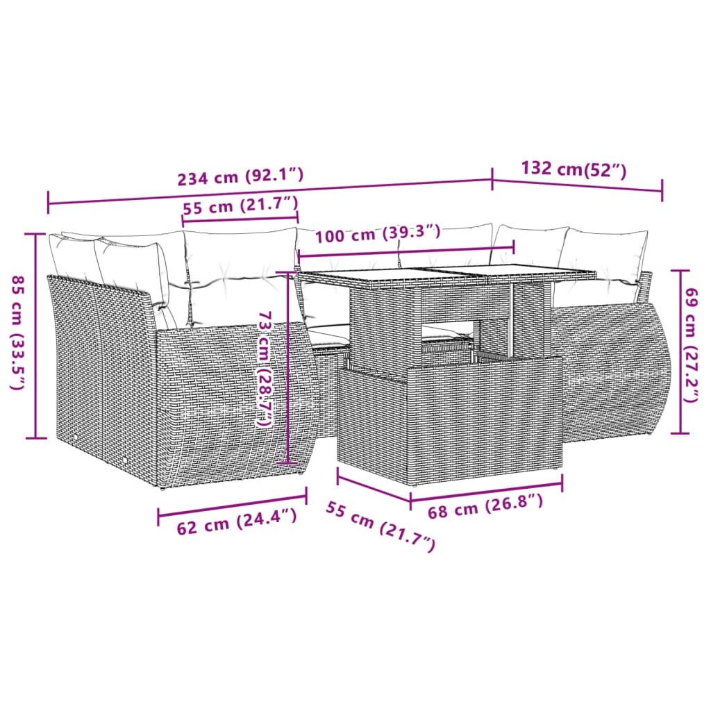 7 Piece Garden Sofa Set with Cushions Grey Poly Rattan