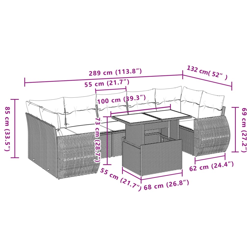 8 Piece Garden Sofa Set with Cushions Black Poly Rattan