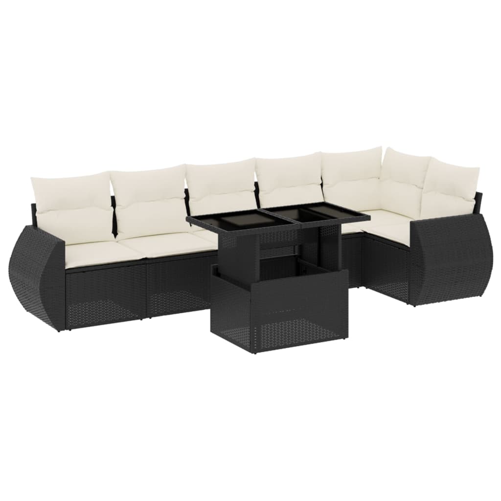 7 Piece Garden Sofa Set with Cushions Black Poly Rattan