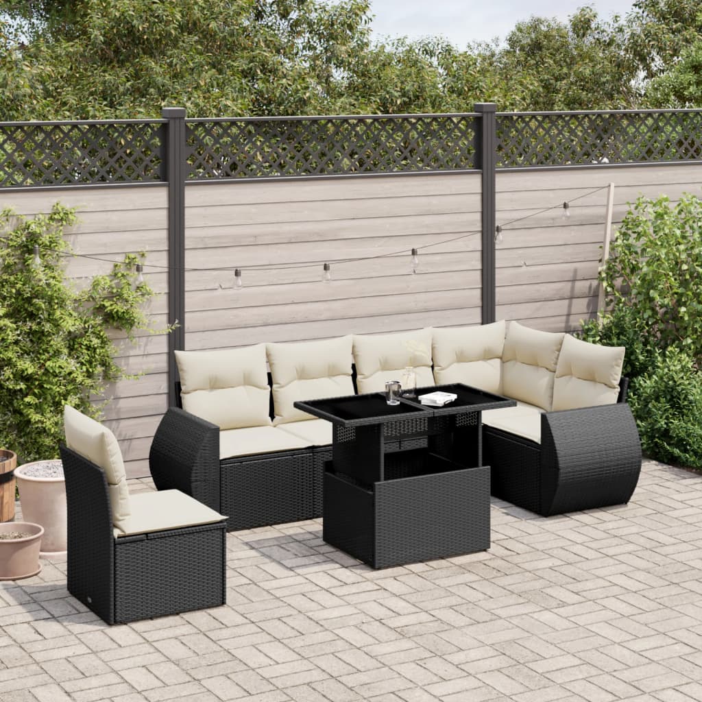 7 Piece Garden Sofa Set with Cushions Black Poly Rattan