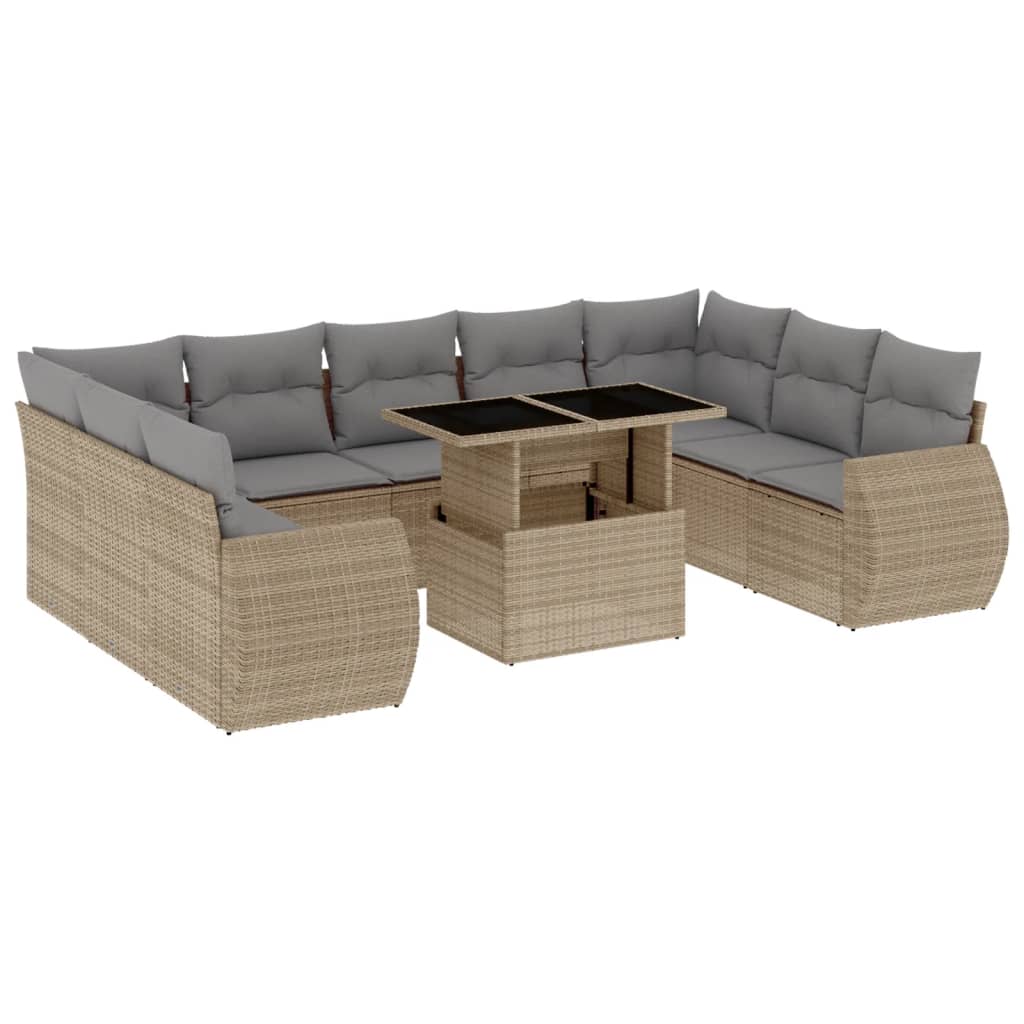 10 Piece Garden Sofa Set with Cushions Beige Poly Rattan