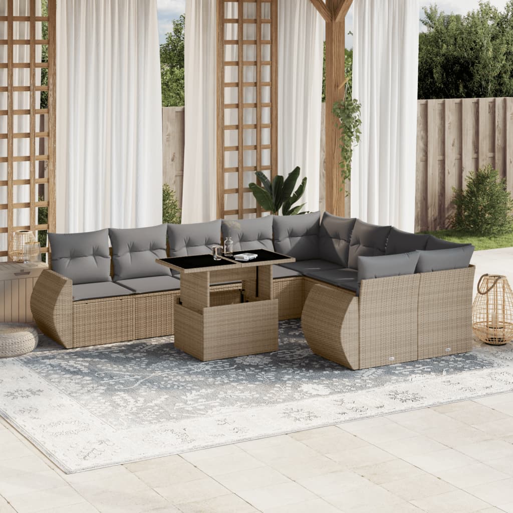 10 Piece Garden Sofa Set with Cushions Beige Poly Rattan