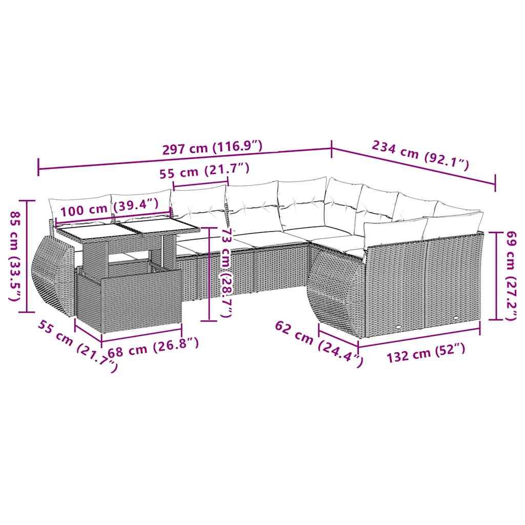 10 Piece Garden Sofa Set with Cushions Black Poly Rattan