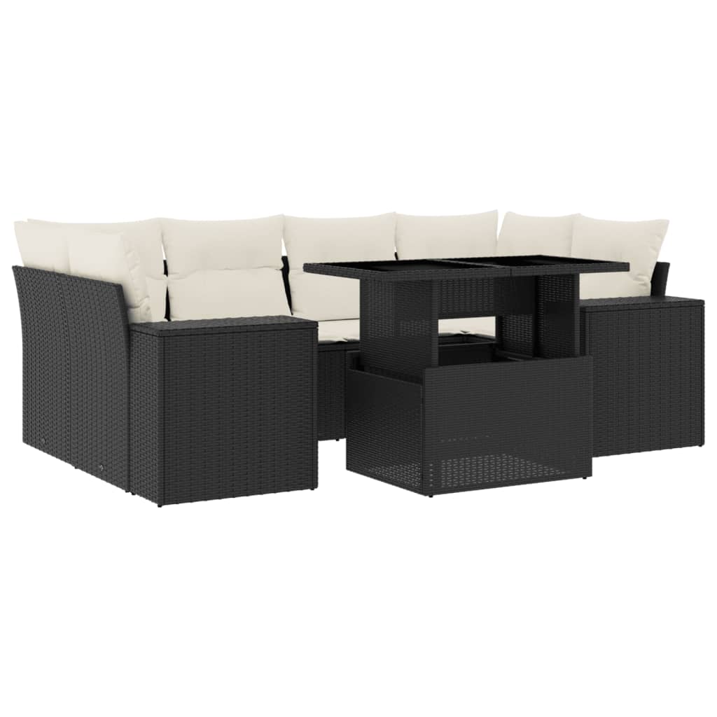 7 Piece Garden Sofa Set with Cushions Black Poly Rattan