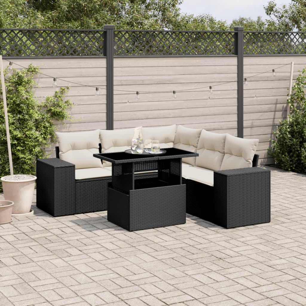 6 Piece Garden Sofa Set with Cushions Black Poly Rattan