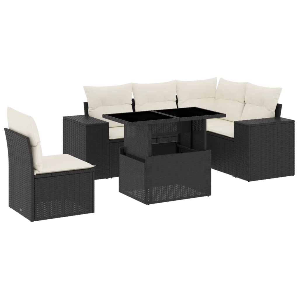 6 Piece Garden Sofa Set with Cushions Black Poly Rattan
