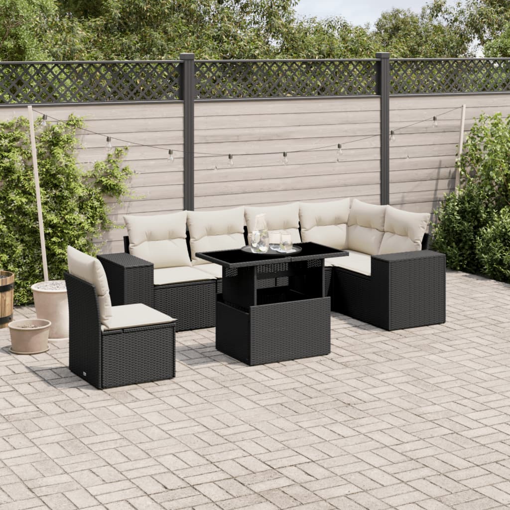 7 Piece Garden Sofa Set with Cushions Black Poly Rattan