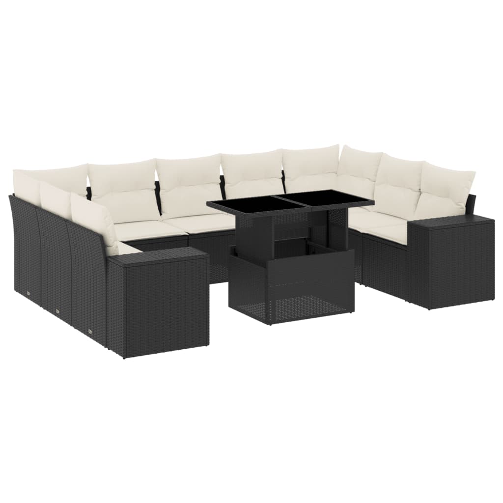 10 Piece Garden Sofa Set with Cushions Black Poly Rattan