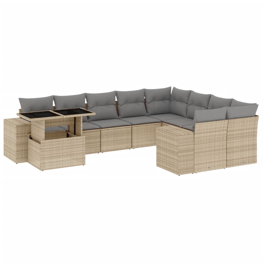 10 Piece Garden Sofa Set with Cushions Beige Poly Rattan