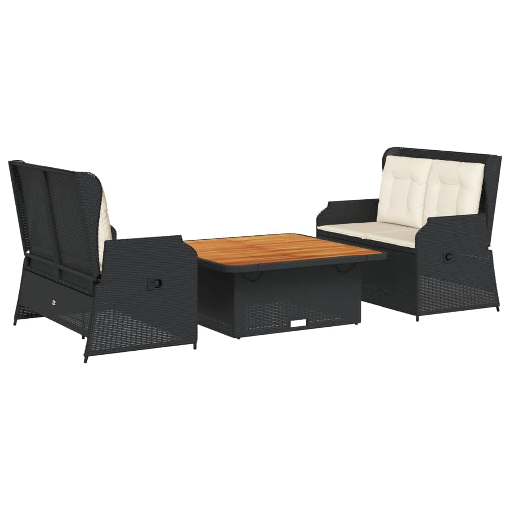3 Piece Garden Lounge Set with Cushions Black Poly Rattan