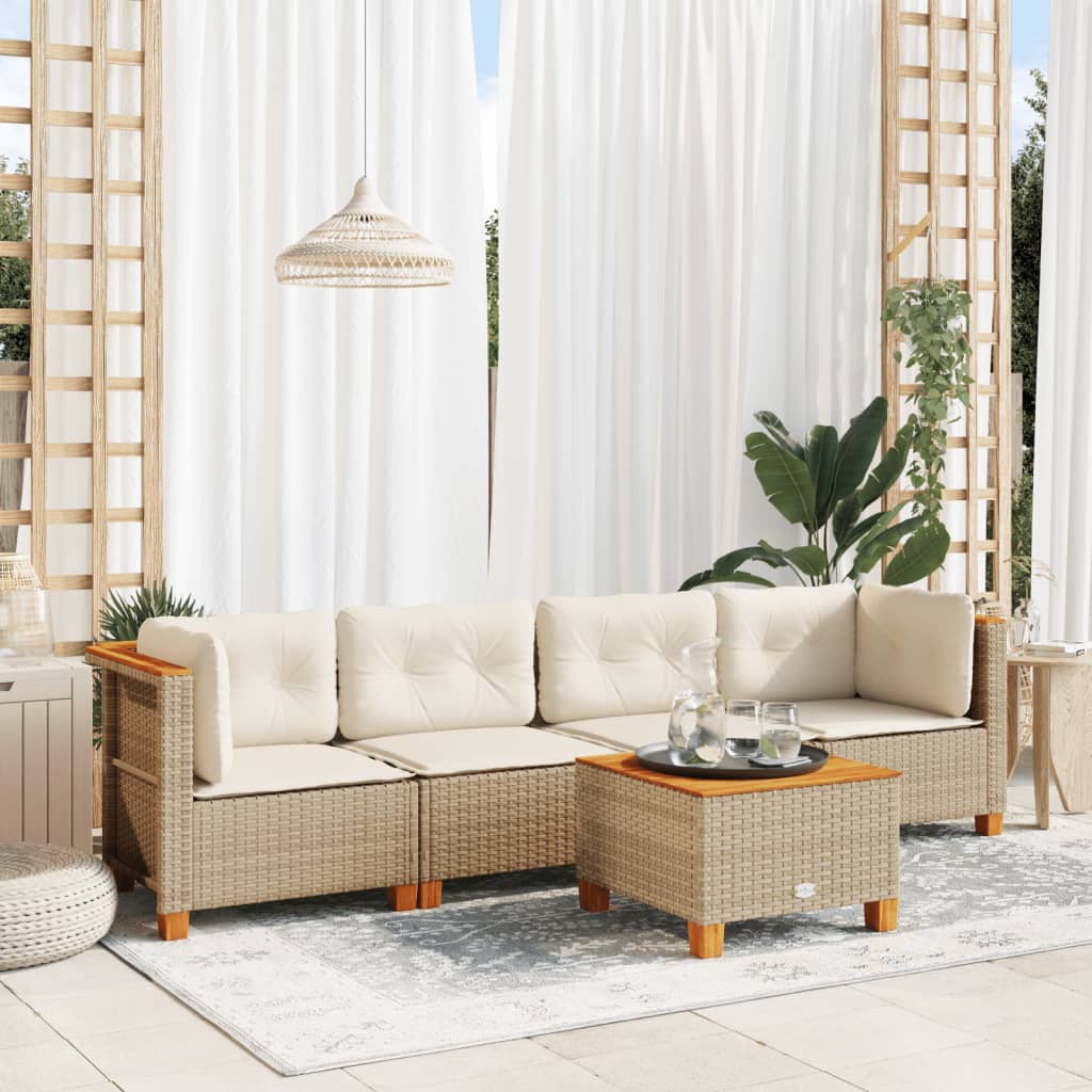 5 Piece Garden Sofa Set with Cushions Beige Poly Rattan
