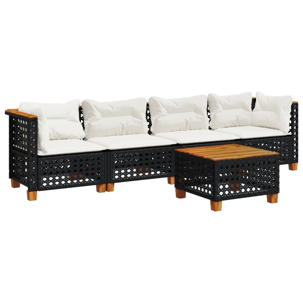 5 Piece Garden Sofa Set with Cushions Black Poly Rattan