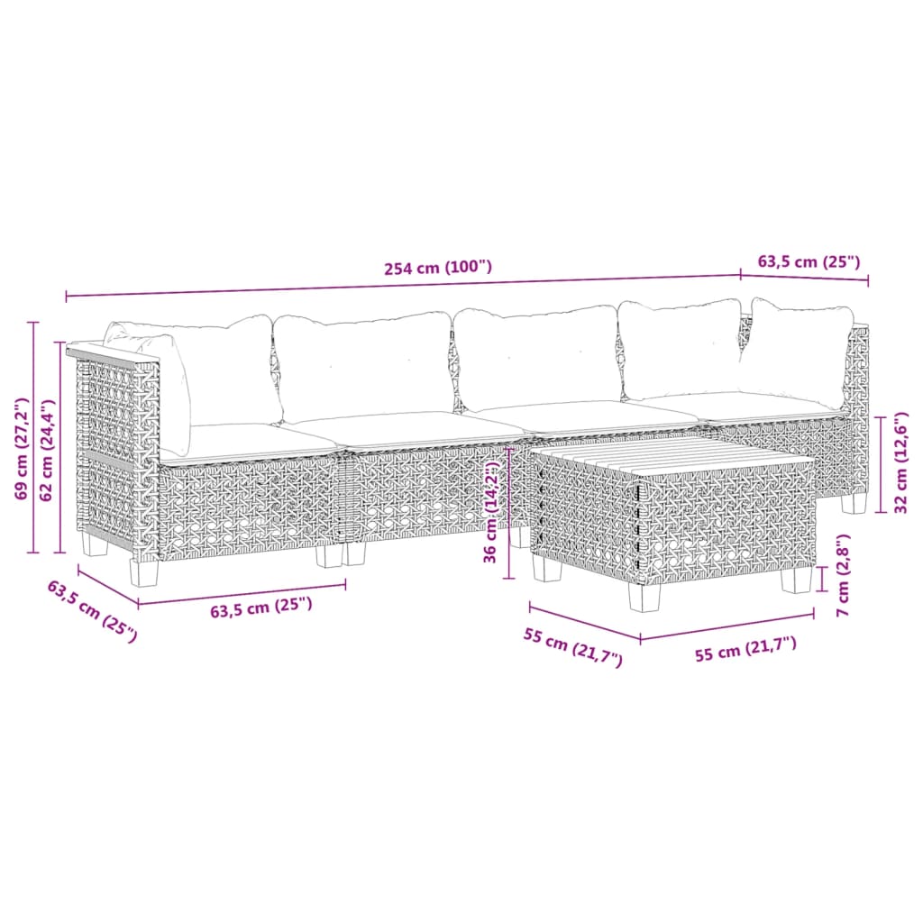 5 Piece Garden Sofa Set with Cushions Black Poly Rattan