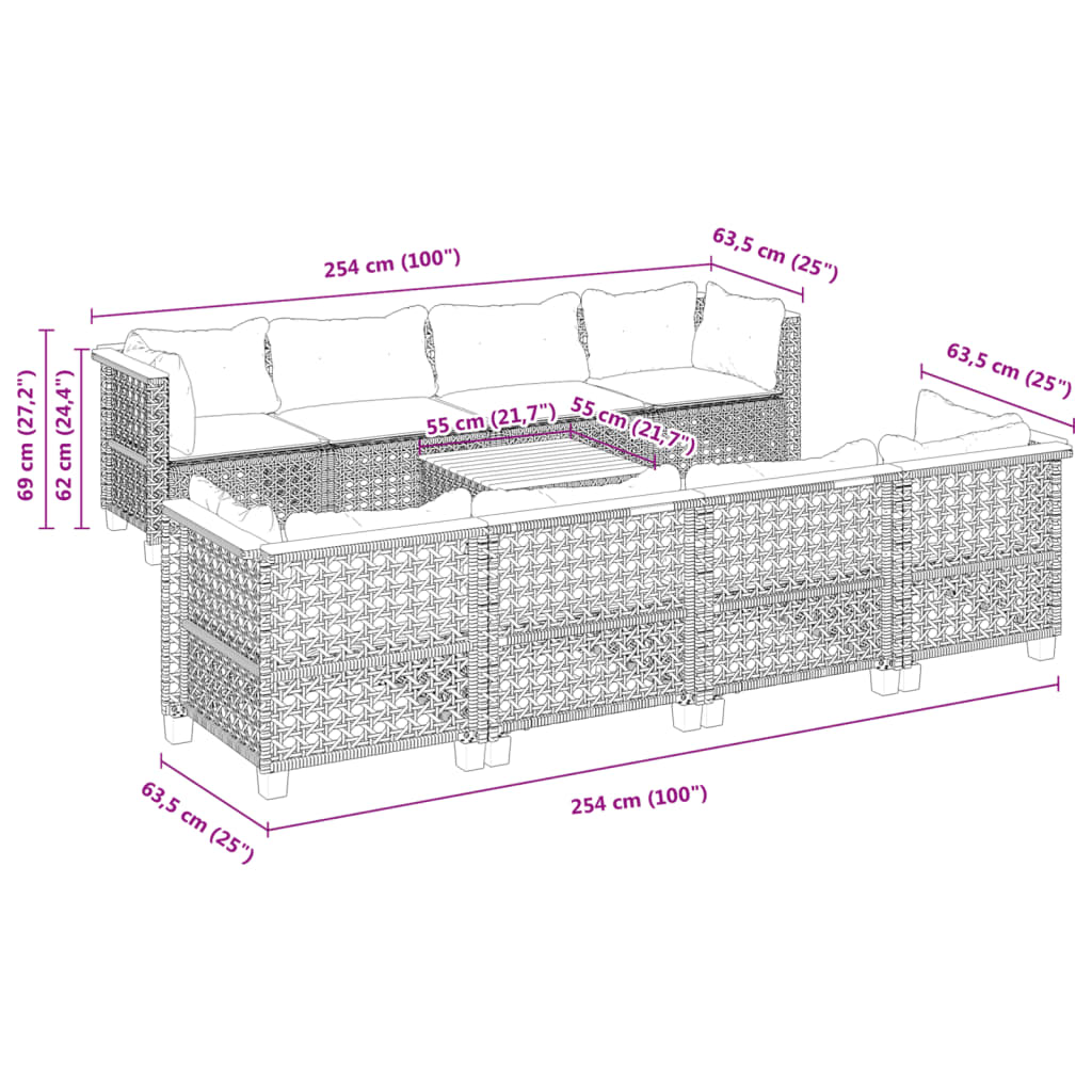 9 Piece Garden Sofa Set with Cushions Grey Poly Rattan