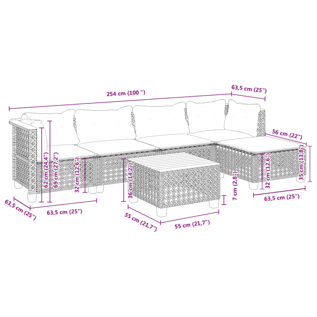 6 Piece Garden Sofa Set with Cushions Grey Poly Rattan