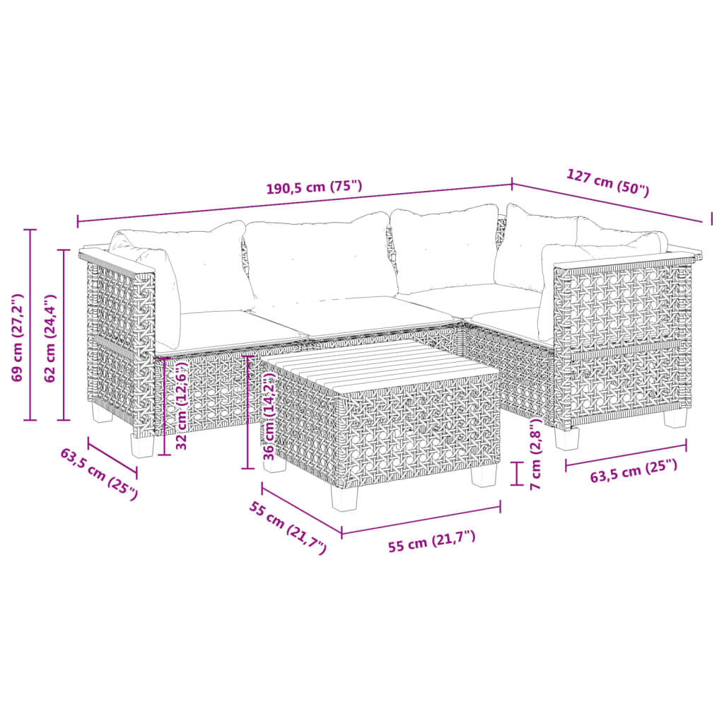 5 Piece Garden Sofa Set with Cushions Grey Poly Rattan