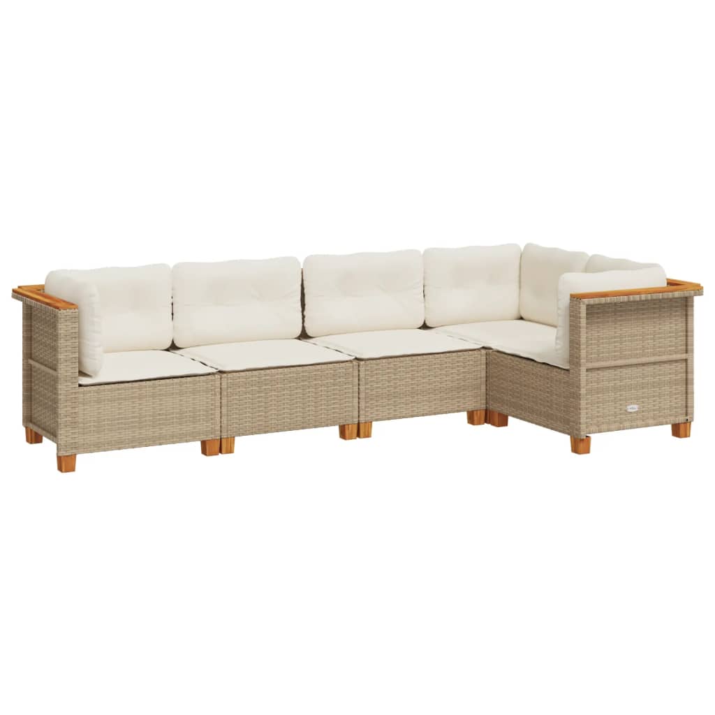 5 Piece Garden Sofa Set with Cushions Beige Poly Rattan