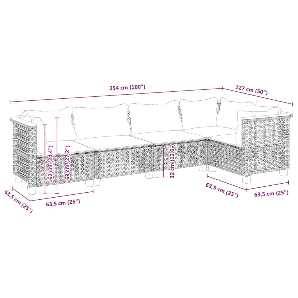 5 Piece Garden Sofa Set with Cushions Beige Poly Rattan