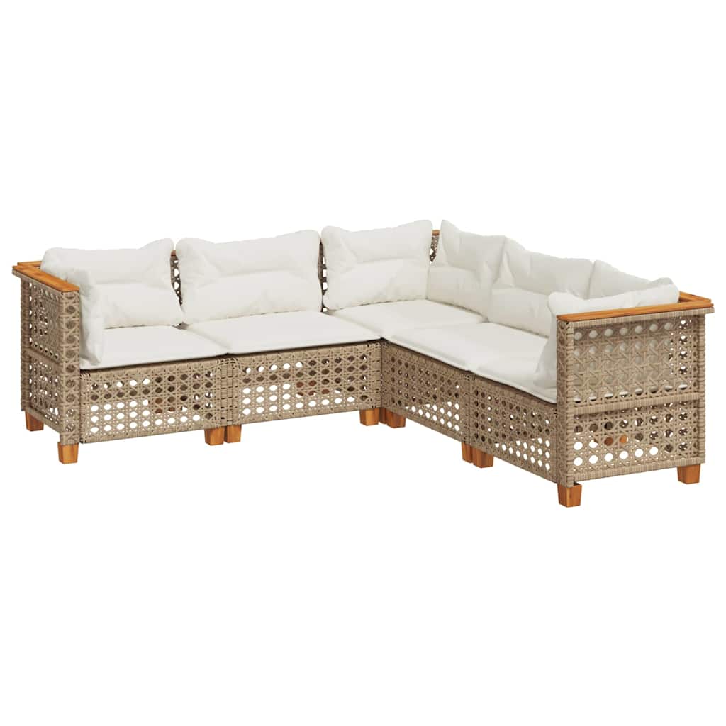 5 Piece Garden Sofa Set with Cushions Beige Poly Rattan