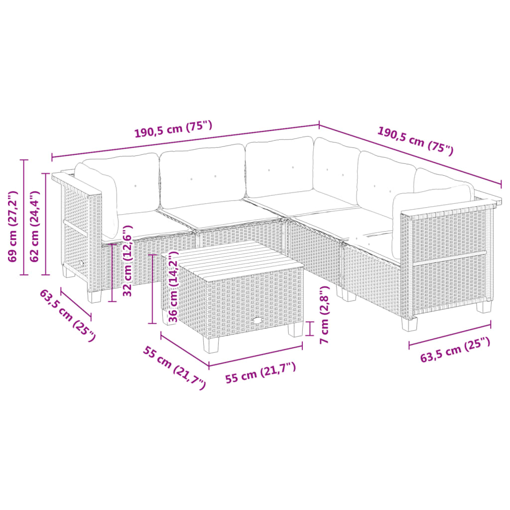 6 Piece Garden Sofa Set with Cushions Black Poly Rattan