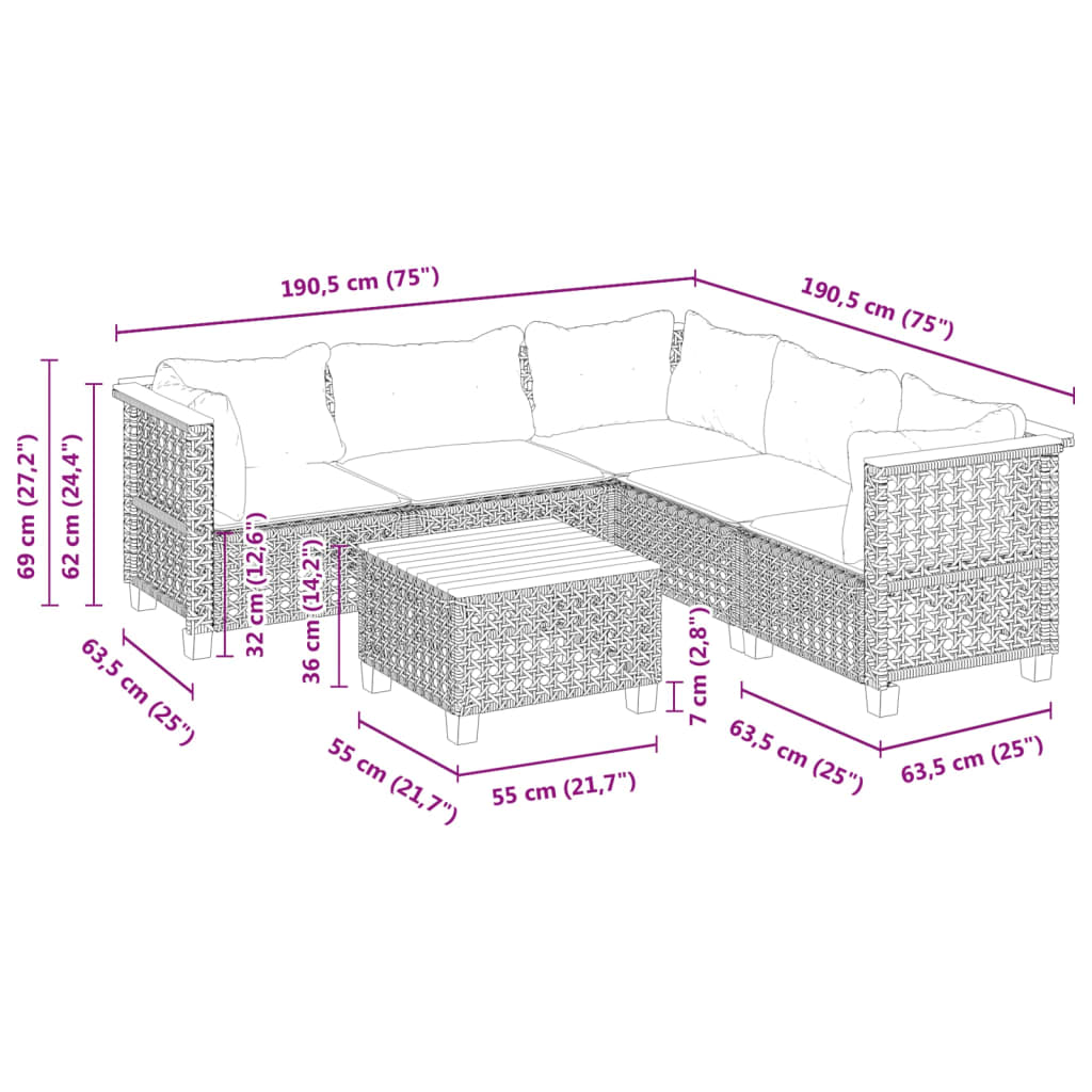6 Piece Garden Sofa Set with Cushions Grey Poly Rattan