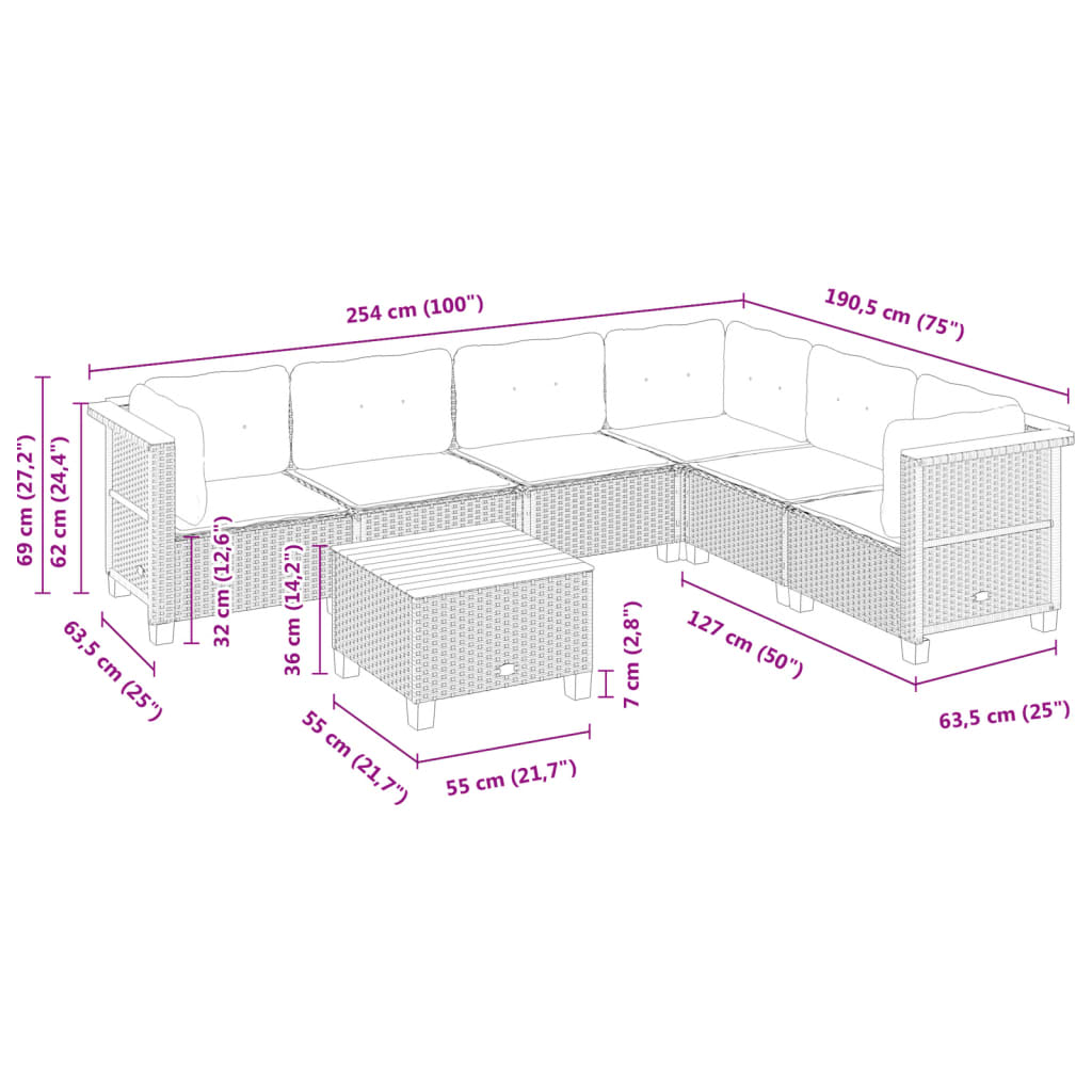 7 Piece Garden Sofa Set with Cushions Grey Poly Rattan