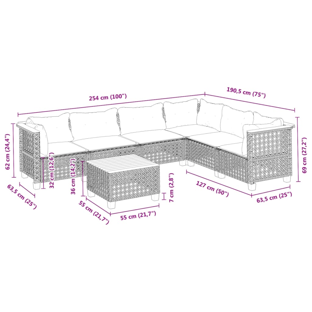 7 Piece Garden Sofa Set with Cushions Grey Poly Rattan