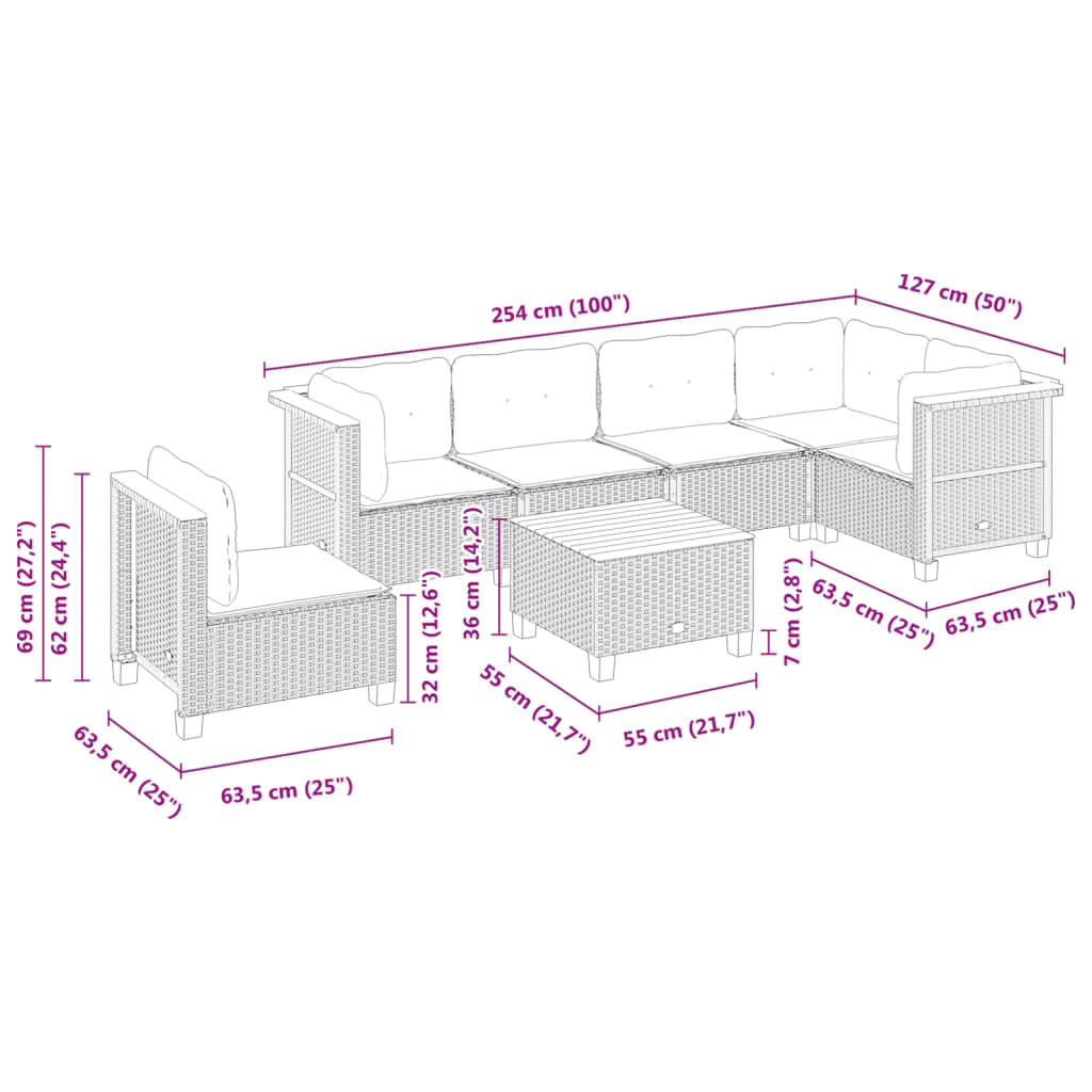 7 Piece Garden Sofa Set with Cushions Grey Poly Rattan