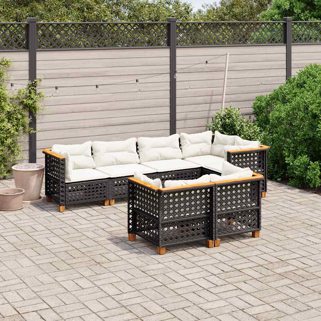 7 Piece Garden Sofa Set with Cushions Black Poly Rattan