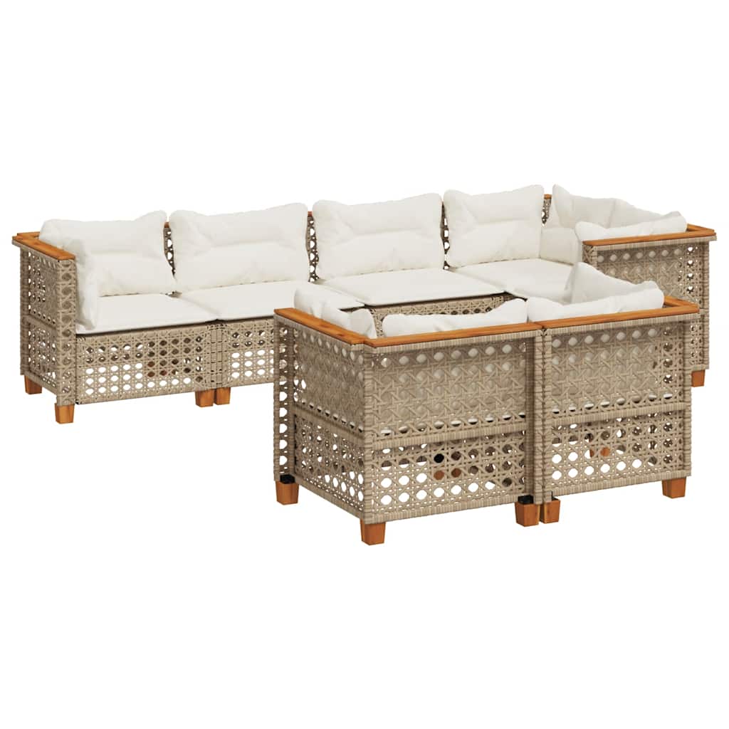 7 Piece Garden Sofa Set with Cushions Beige Poly Rattan