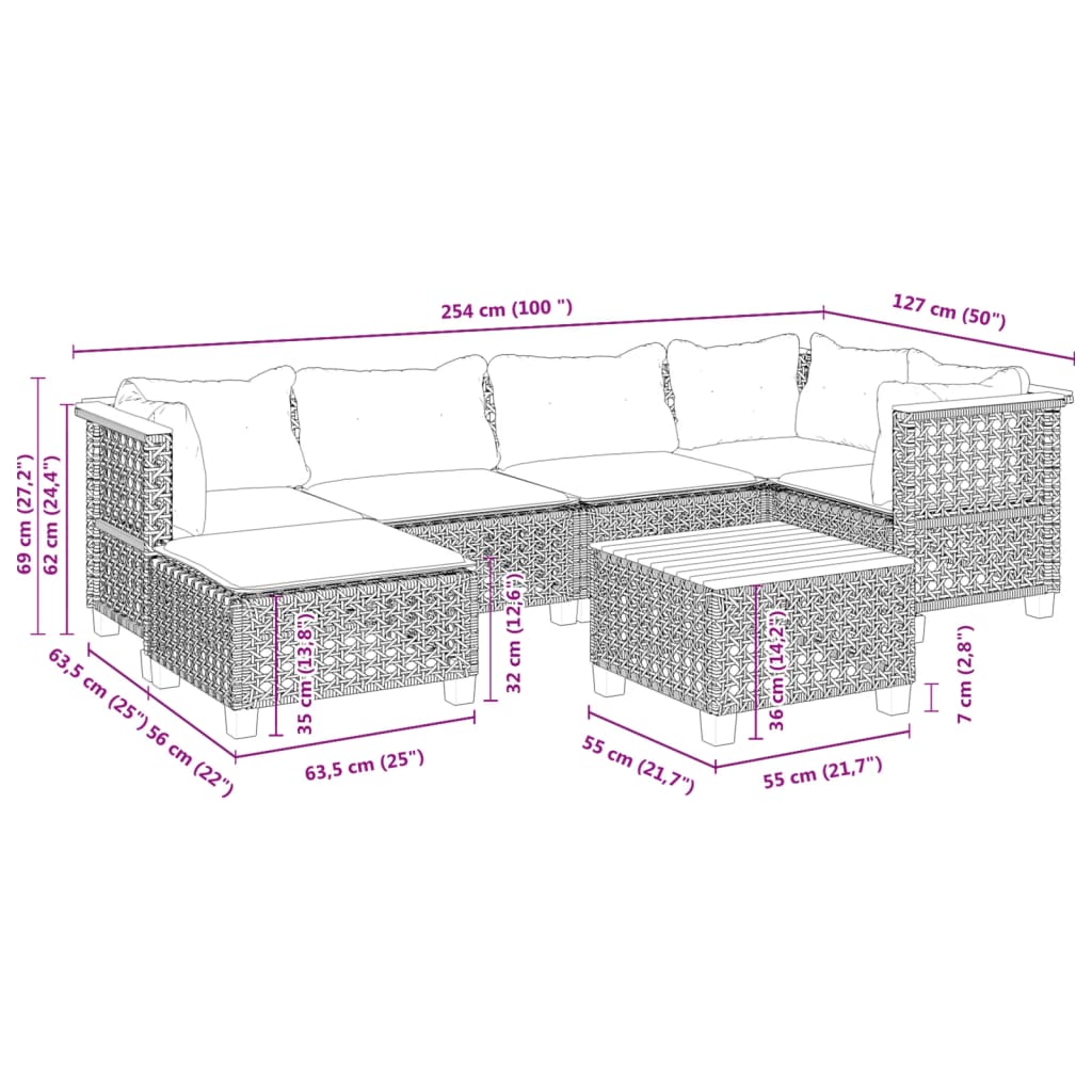 7 Piece Garden Sofa Set with Cushions Grey Poly Rattan