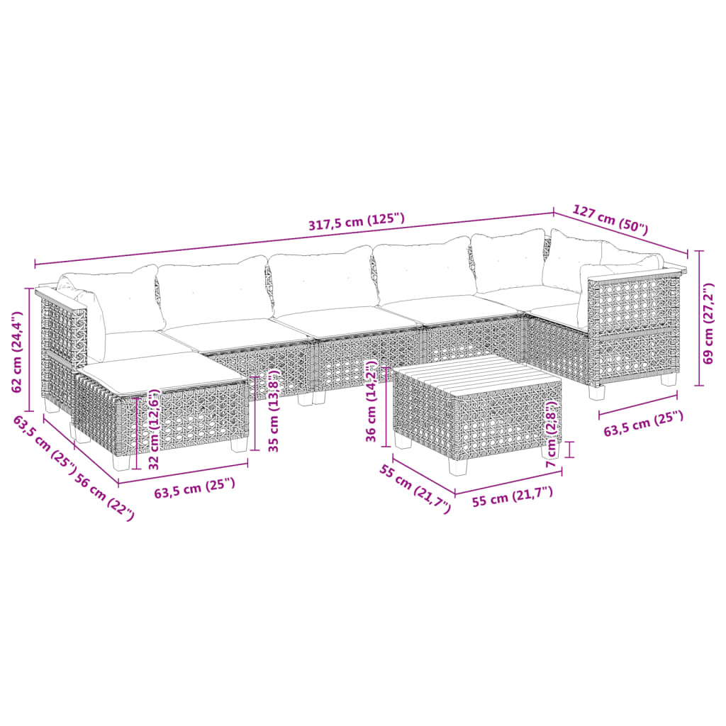 8 Piece Garden Sofa Set with Cushions Grey Poly Rattan
