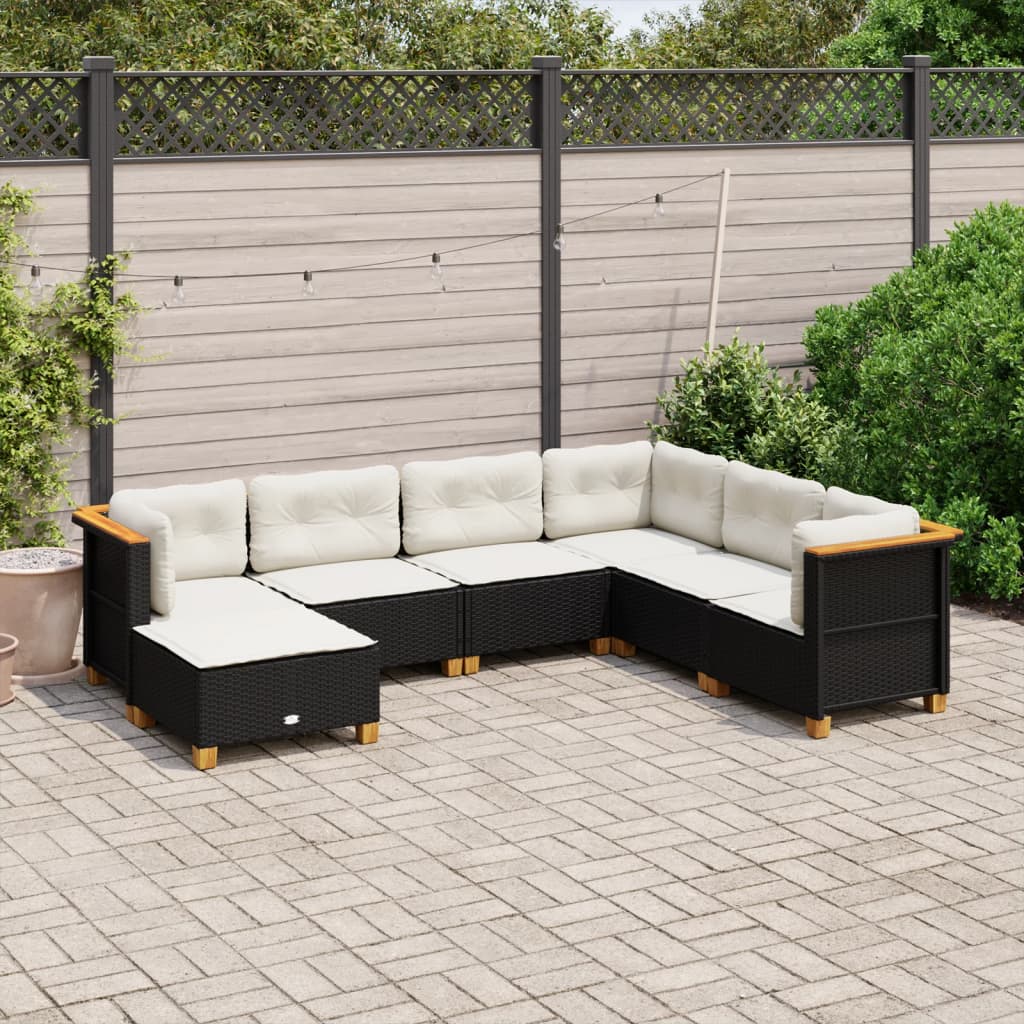 7 Piece Garden Sofa Set with Cushions Black Poly Rattan